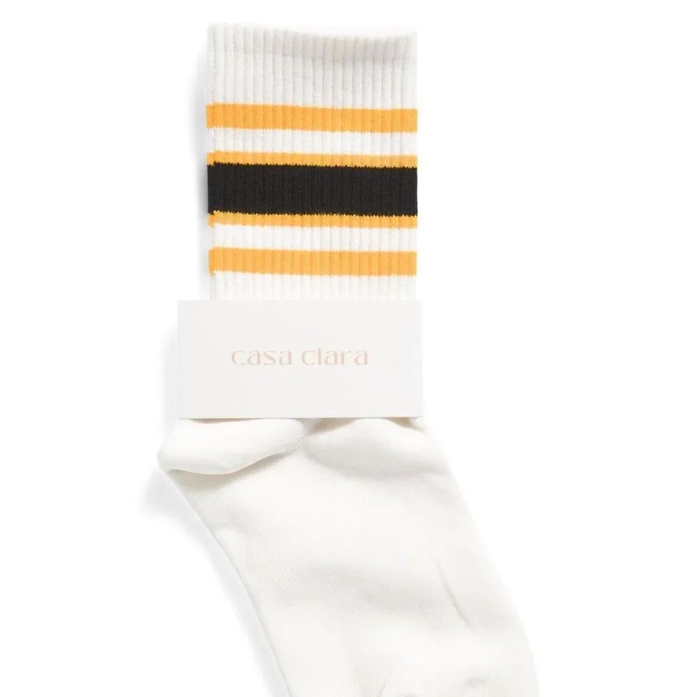 Casa Clara Rugby White Gold Black Ribbed Varsity Stripe Cotton Crew Socks — image 2 of 7